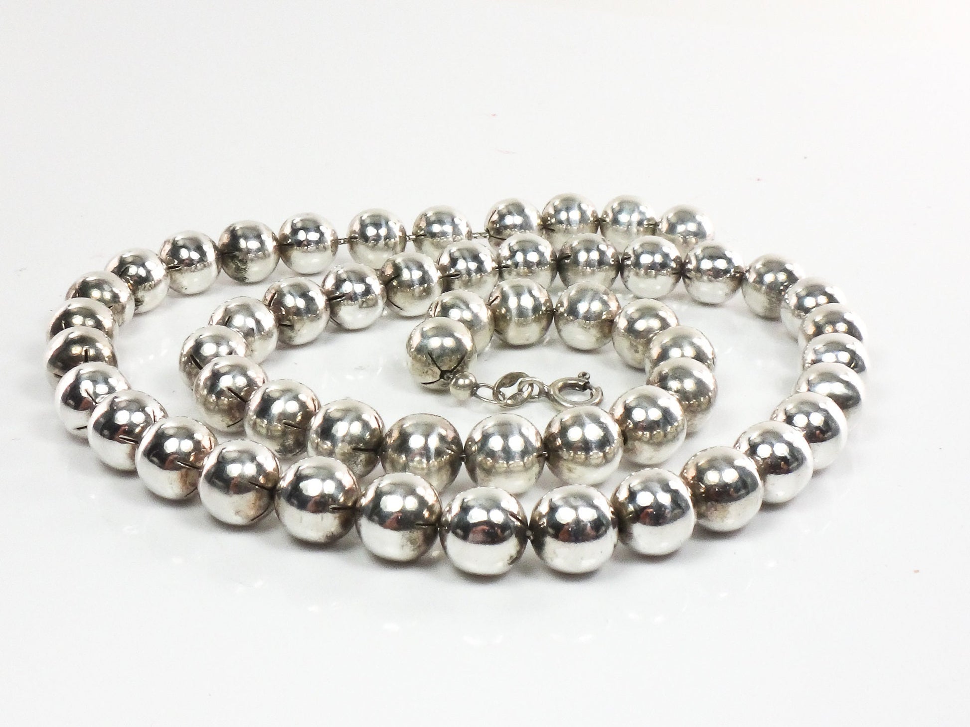 Vintage Italian Sterling Silver Bead Necklace, 8mm Ball Chain, 18.75"