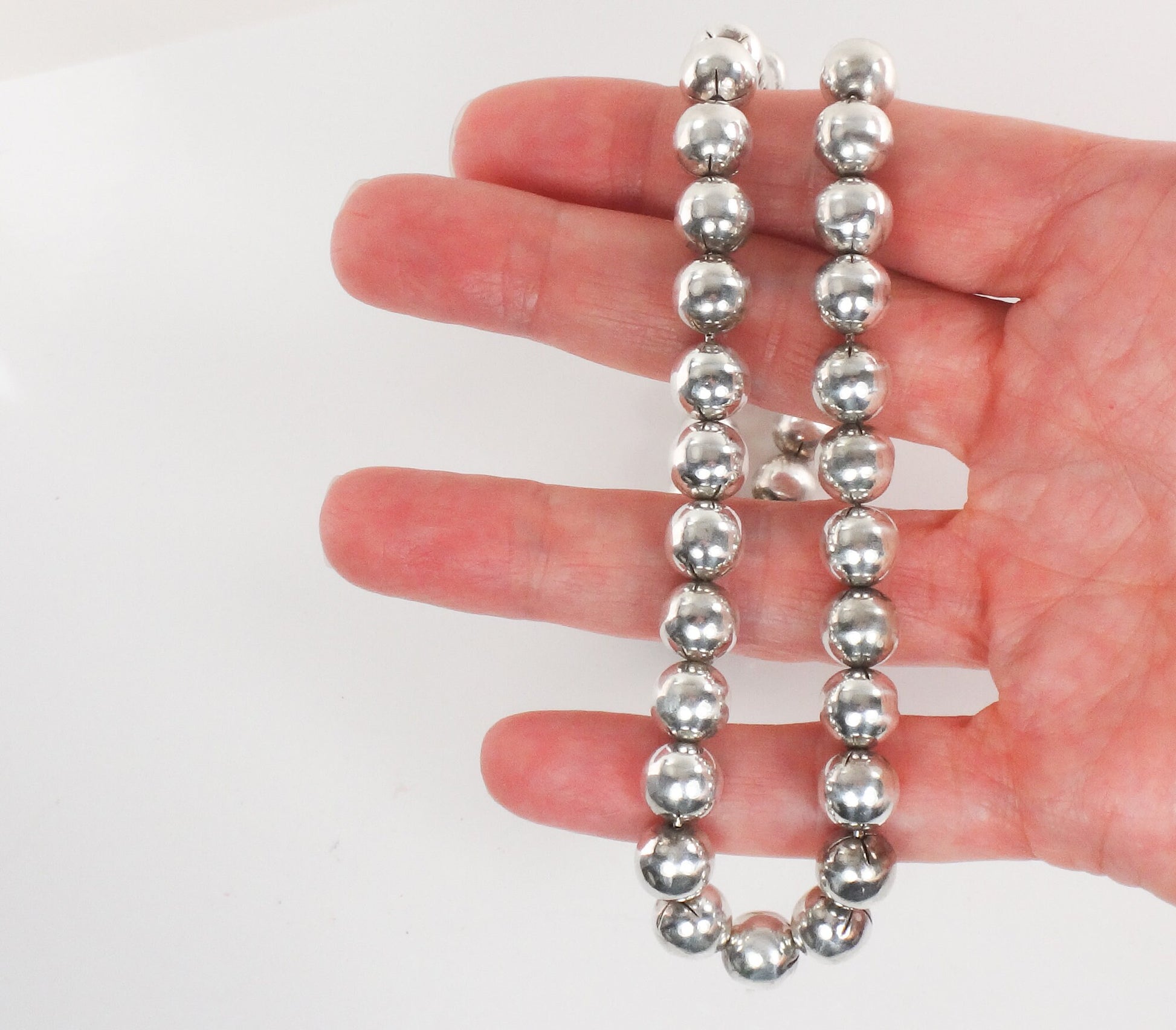 Vintage Italian Sterling Silver Bead Necklace, 8mm Ball Chain, 18.75"