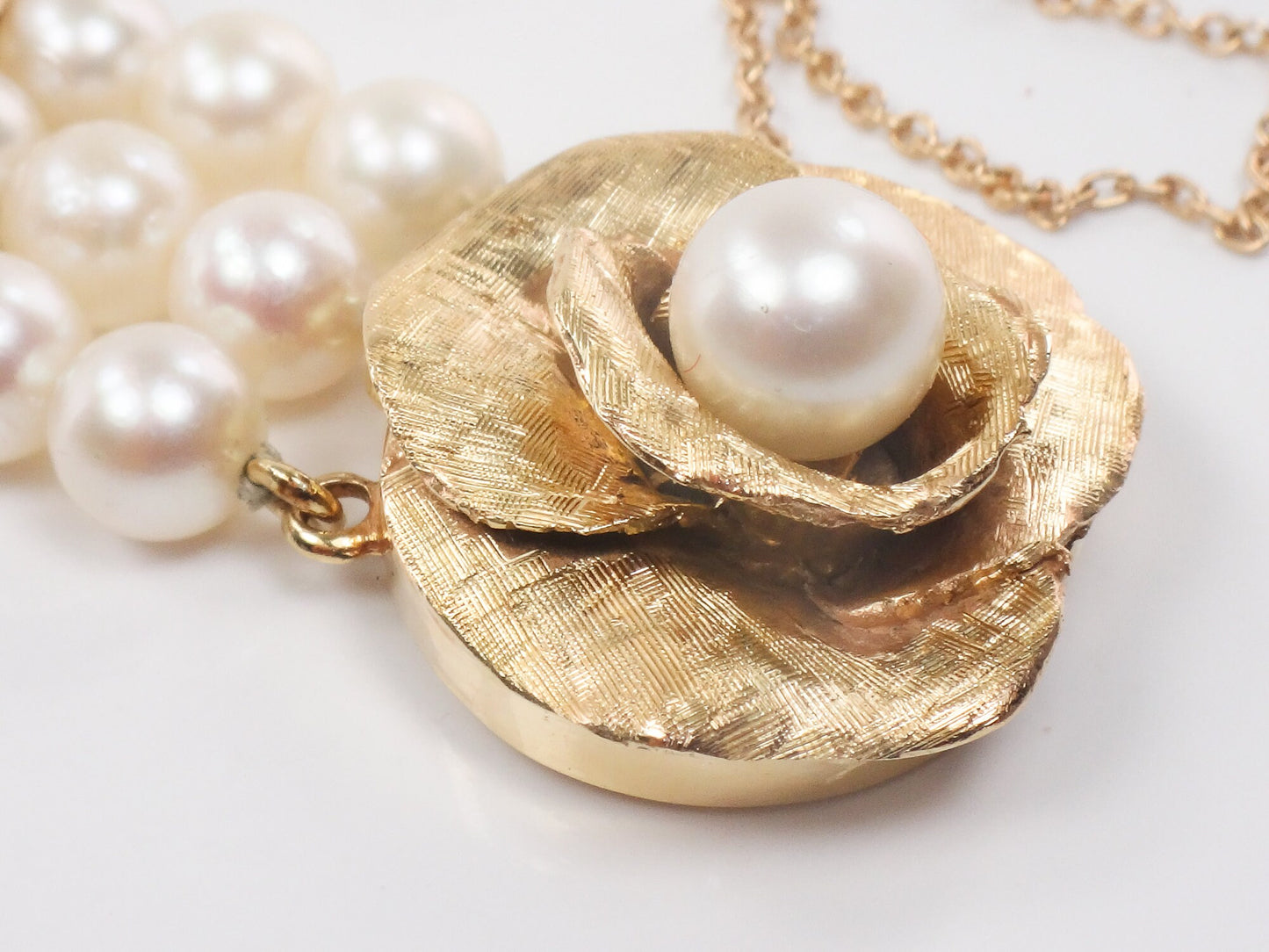 Vintage 14k Gold Triple Strand Pearl Bracelet with Rose, Floral Saltwater Cultured Pearl Bridal Bracelet 7"