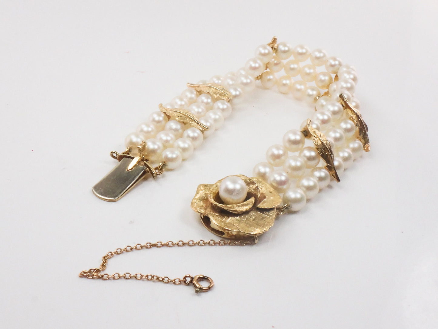 Vintage 14k Gold Triple Strand Pearl Bracelet with Rose, Floral Saltwater Cultured Pearl Bridal Bracelet 7"