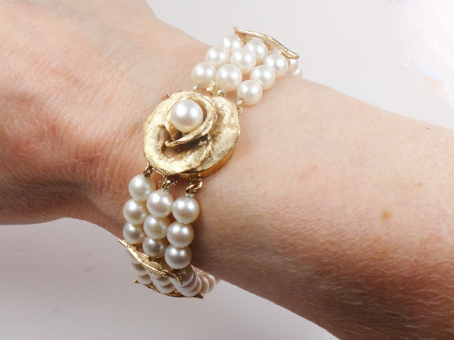 Vintage 14k Gold Triple Strand Pearl Bracelet with Rose, Floral Saltwater Cultured Pearl Bridal Bracelet 7"