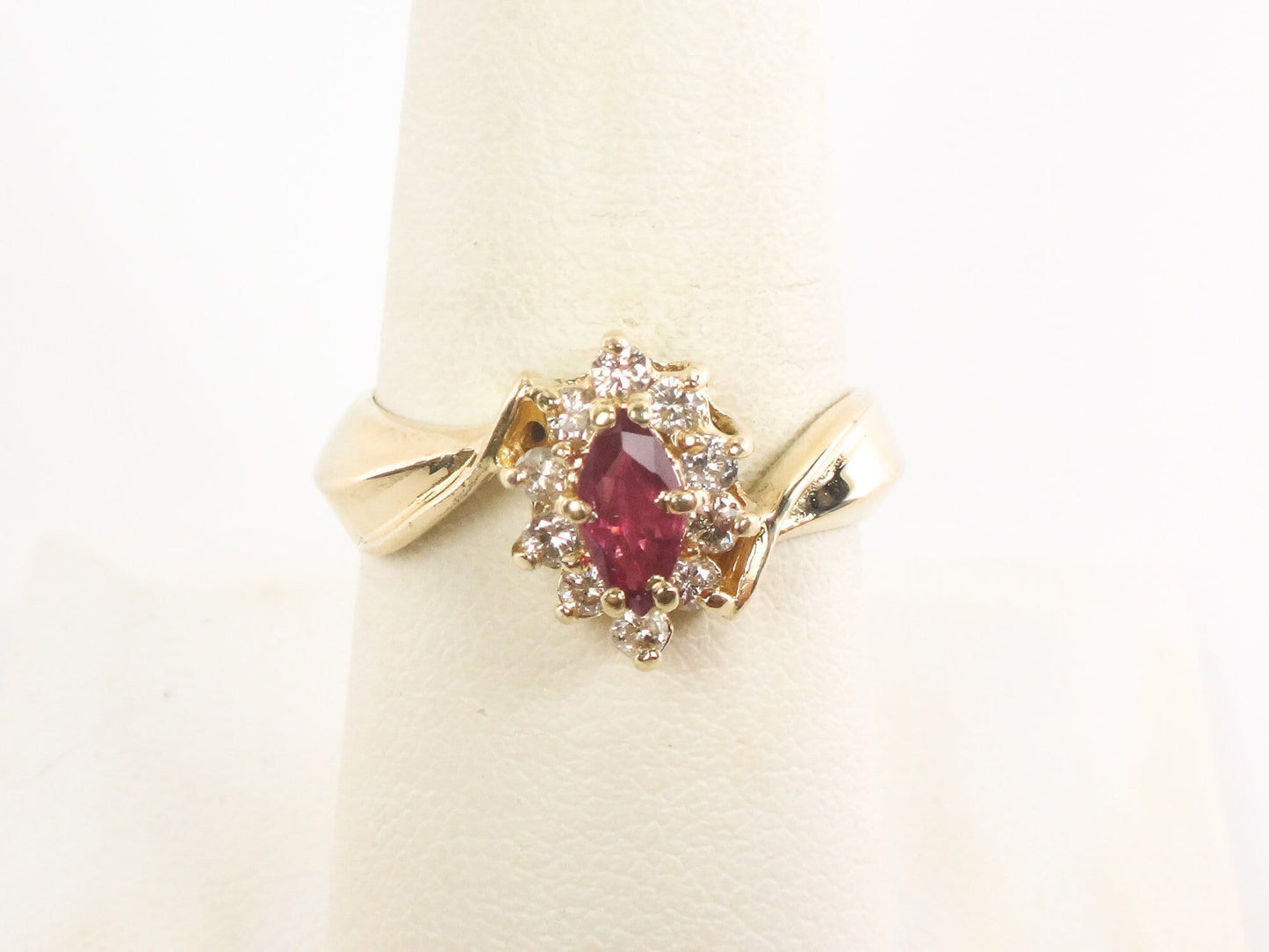 Vintage 14k Yellow Gold Ruby Diamond Halo Ring - Size 7.75