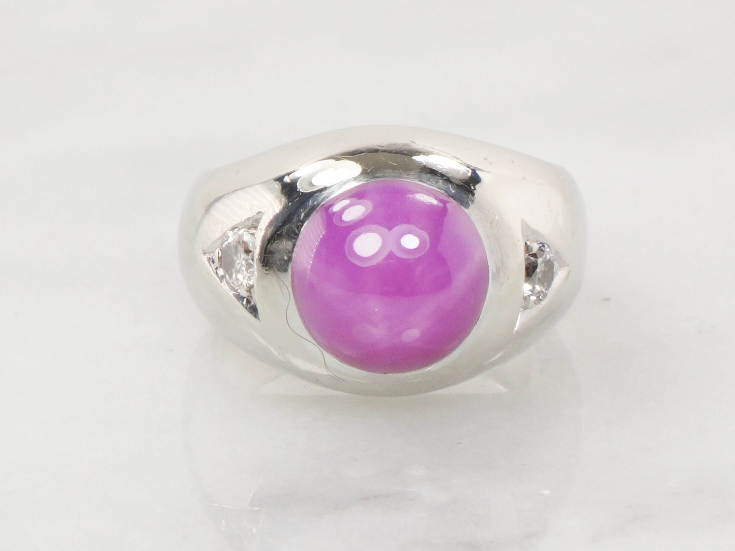 Vintage 14k White Gold Star Ruby and Diamond Ring, Gypsy Set Lab Created Ruby, Men's Pinky Ring, July Birthstone Size 7