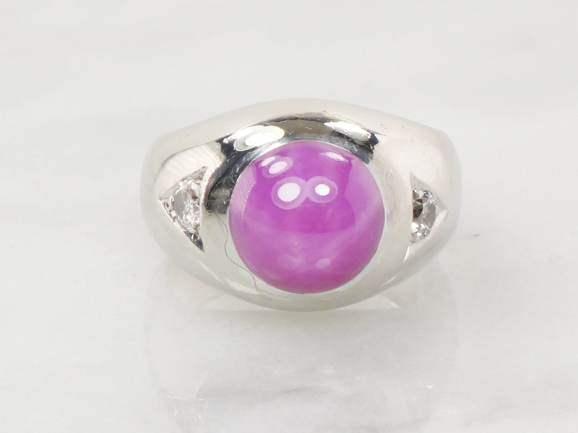 Vintage 14k White Gold Star Ruby and Diamond Ring, Gypsy Set Lab Created Ruby, Men's Pinky Ring, July Birthstone Size 7