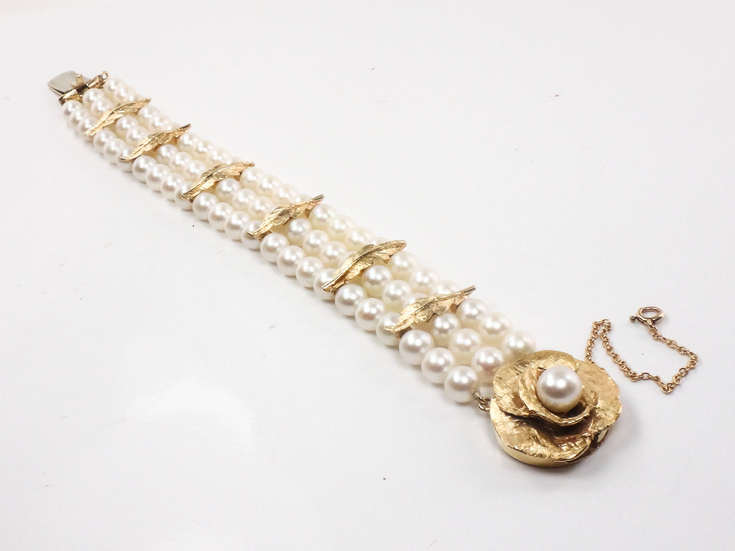 Vintage 14k Gold Triple Strand Pearl Bracelet with Rose, Floral Saltwater Cultured Pearl Bridal Bracelet 7"