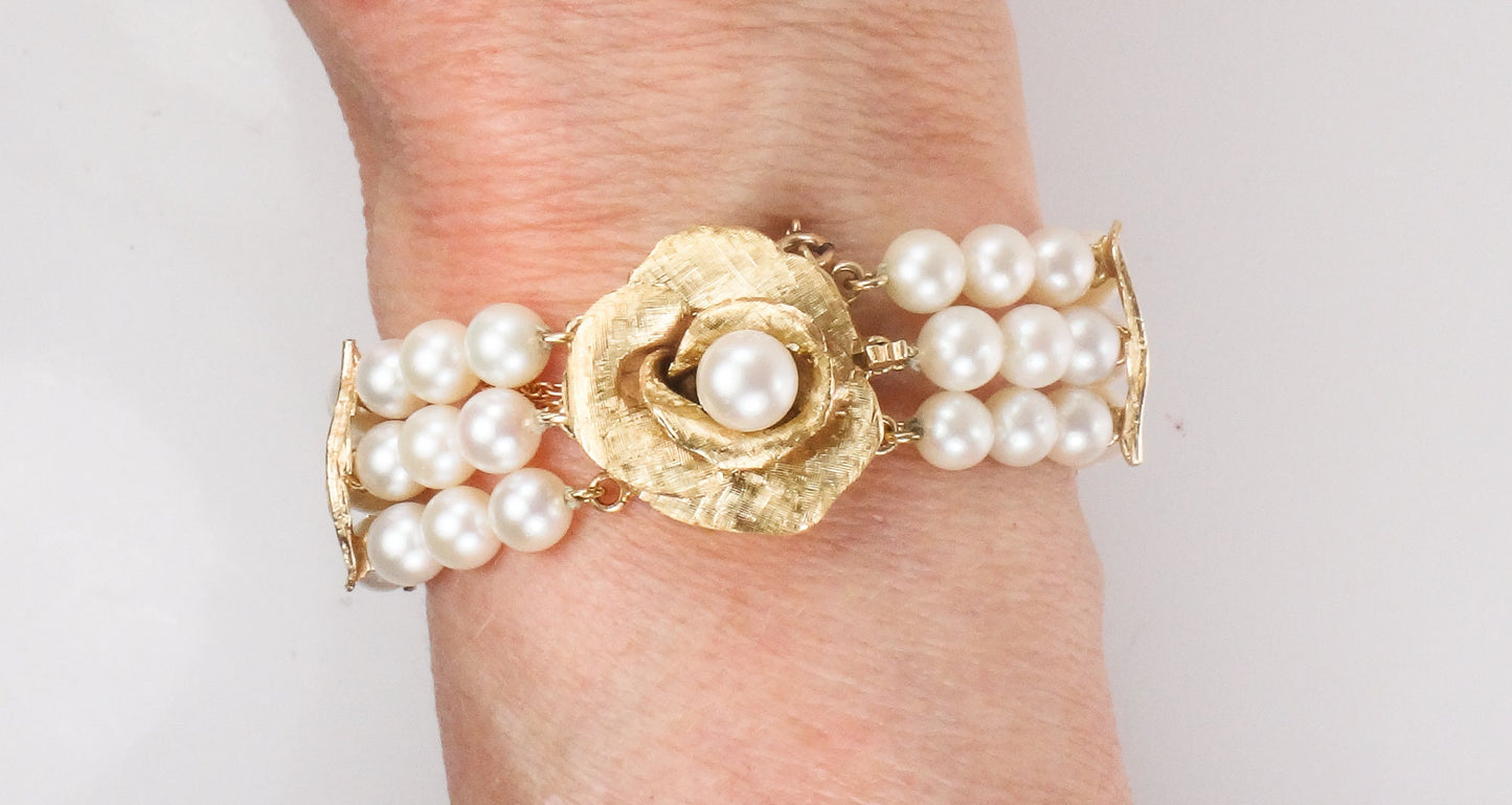 Vintage 14k Gold Triple Strand Pearl Bracelet with Rose, Floral Saltwater Cultured Pearl Bridal Bracelet 7"