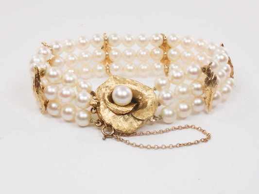 Vintage 14k Gold Pearl Bracelet: Triple Strand Floral Clasp, 7"
