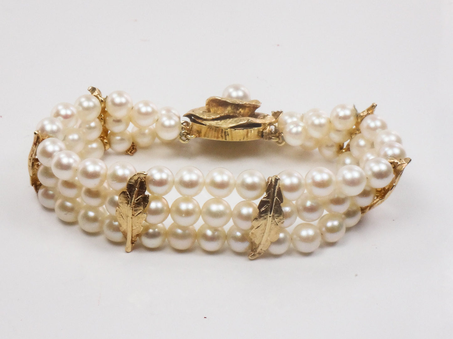 Vintage 14k Gold Triple Strand Pearl Bracelet with Rose, Floral Saltwater Cultured Pearl Bridal Bracelet 7"