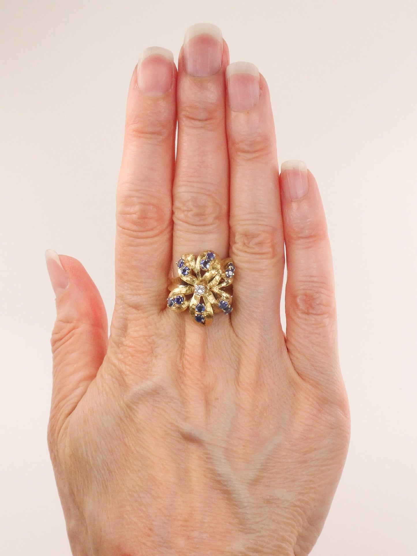 Vintage 14k Gold Natural Blue Sapphire and Diamond Ring, Large Yellow Gold Flower Ring, Size 5.75