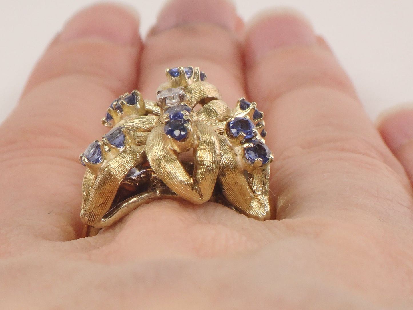 Vintage 14k Gold Natural Blue Sapphire and Diamond Ring, Large Yellow Gold Flower Ring, Size 5.75