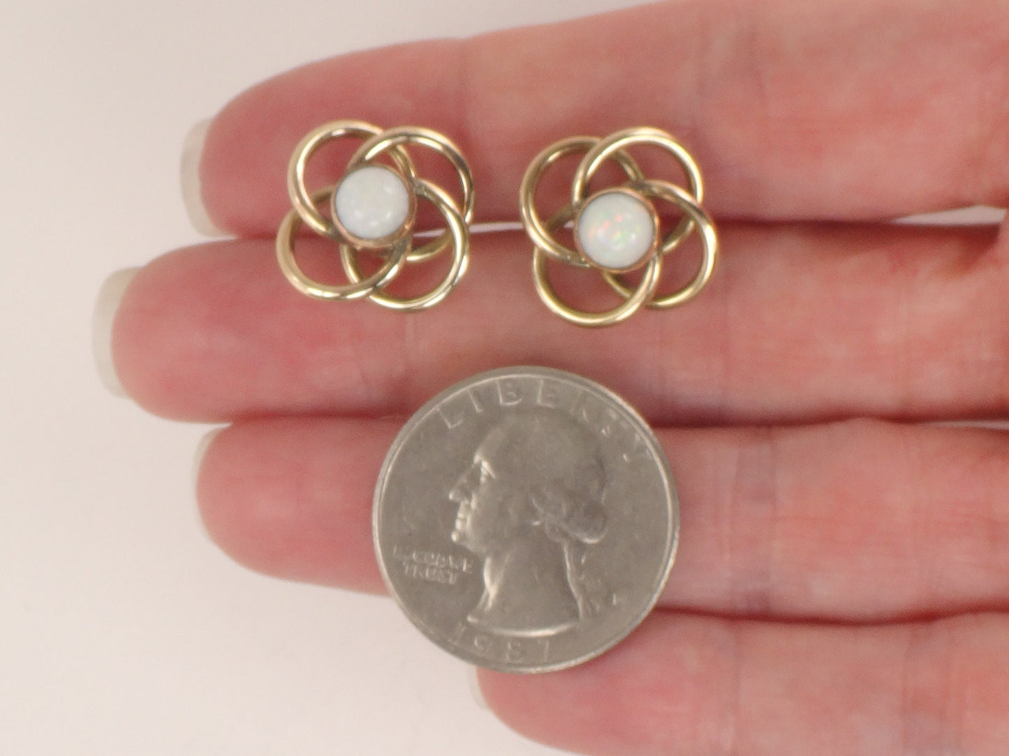Vintage 14k Gold Natural Opal Love Knot Earrings - Yellow Gold Large Circle Stud Earrings