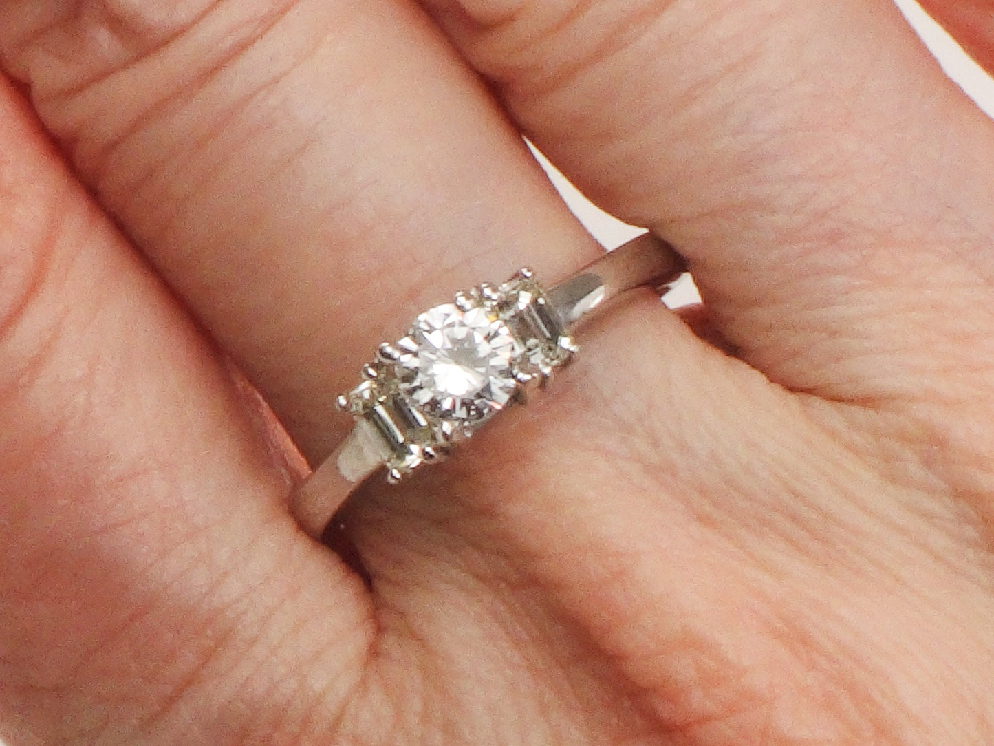 Vintage 18k White Gold Three Diamond Ring Three Stone Ring Round Natural Diamond Engagement Ring .75 CT TDW Size 7