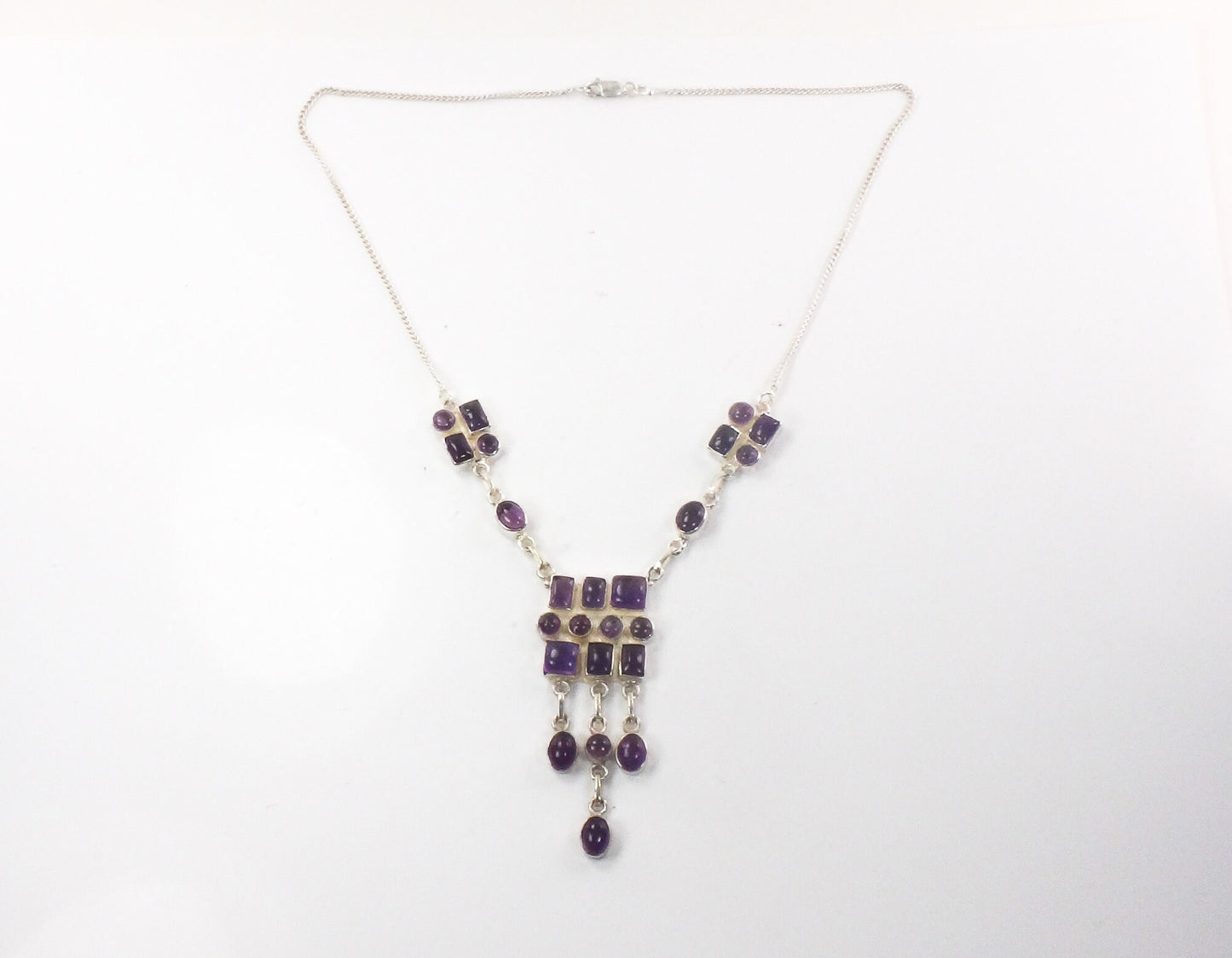 Vintage Sterling Silver Natural Amethyst Necklace with Dangles Modernist Bib Style Amethyst Necklace Purple February Birthstone 16.75"