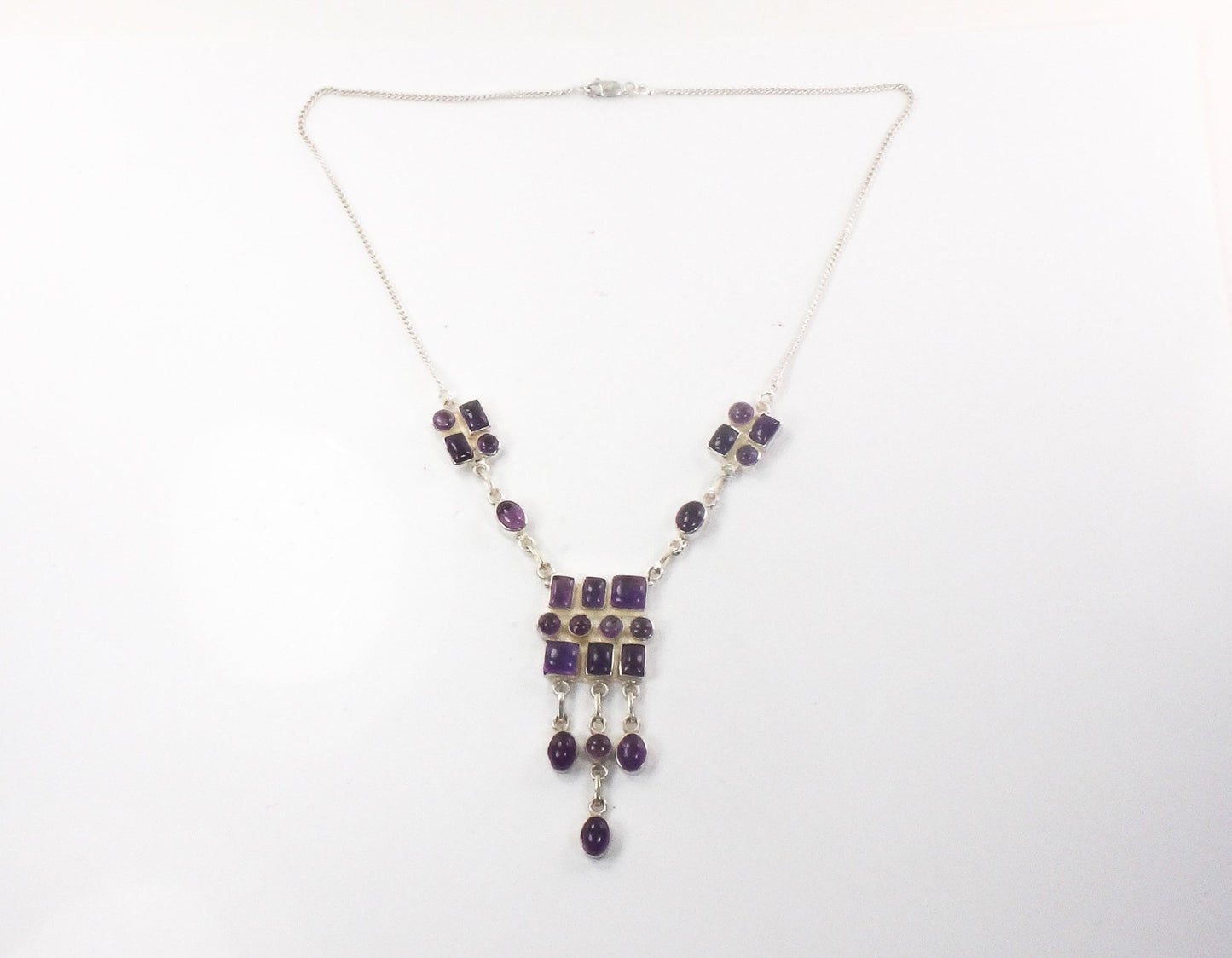 Vintage Sterling Silver Amethyst Bib Necklace: Modernist Dangle Design