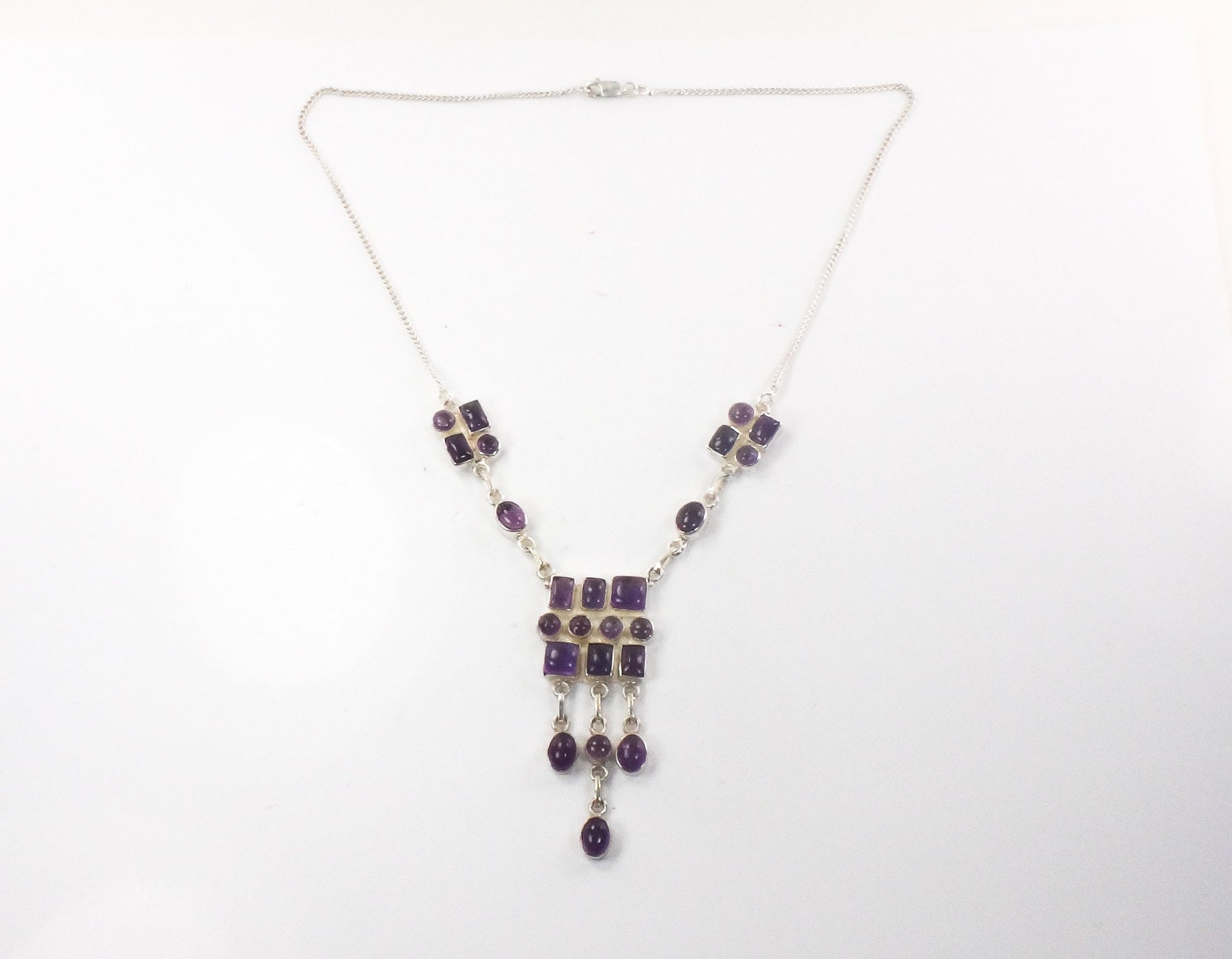 Vintage Sterling Silver Amethyst Bib Necklace: Modernist Dangle Design