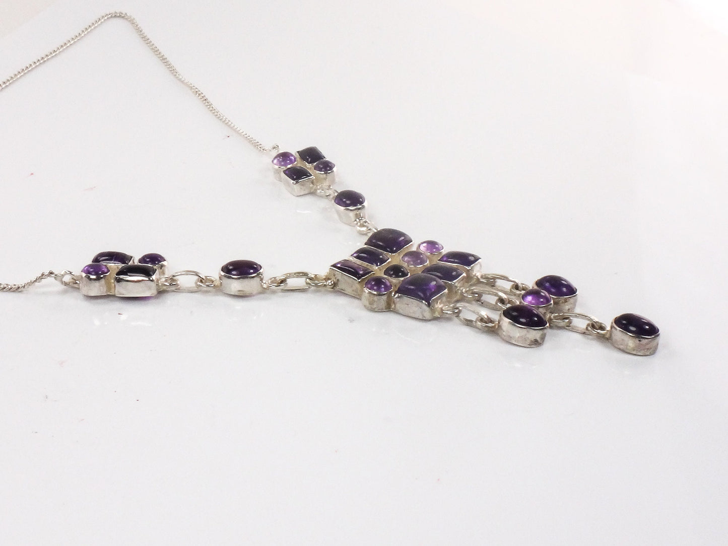 Vintage Sterling Silver Amethyst Bib Necklace: Modernist Dangle Design