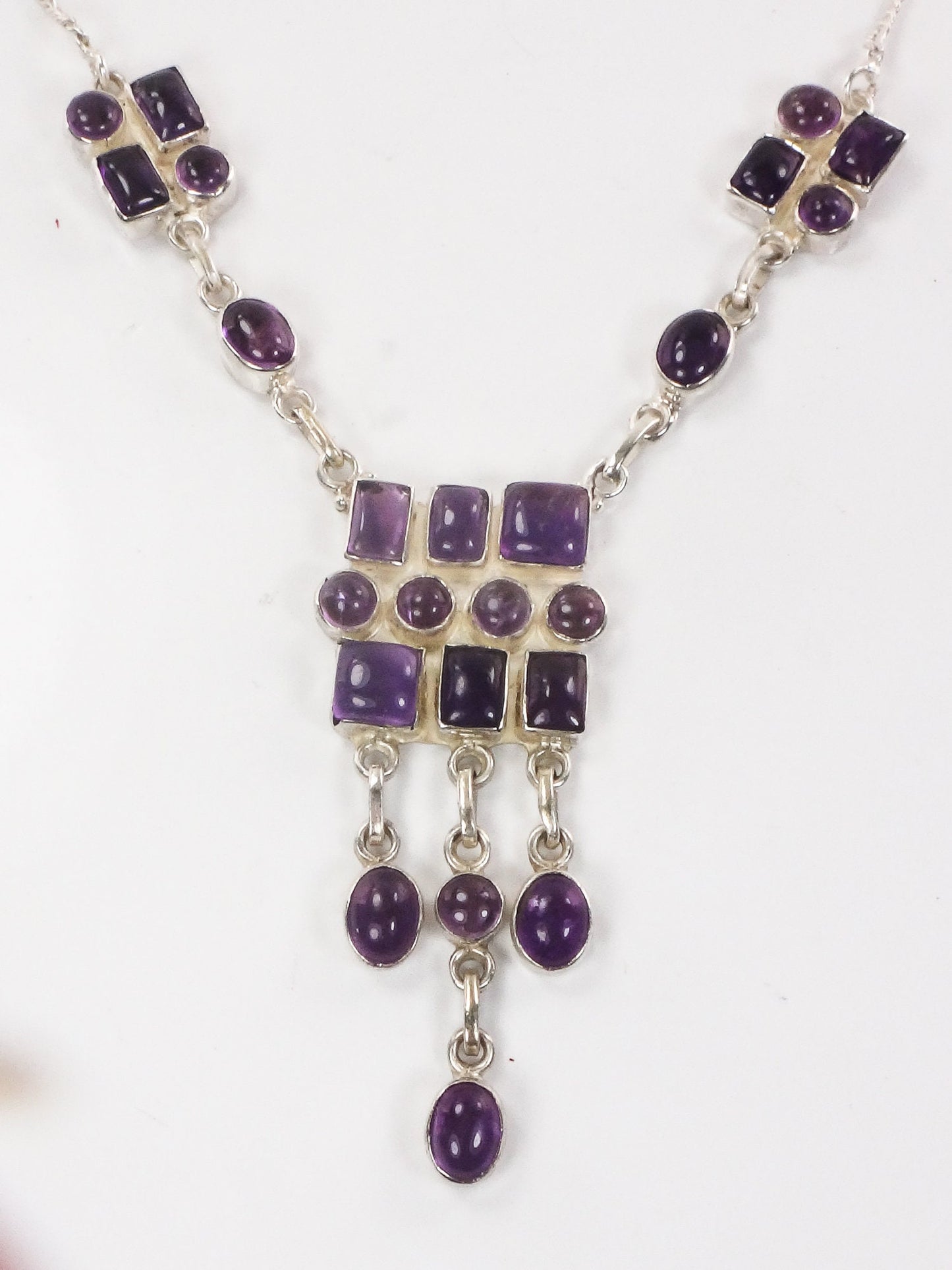 Vintage Sterling Silver Amethyst Bib Necklace: Modernist Dangle Design