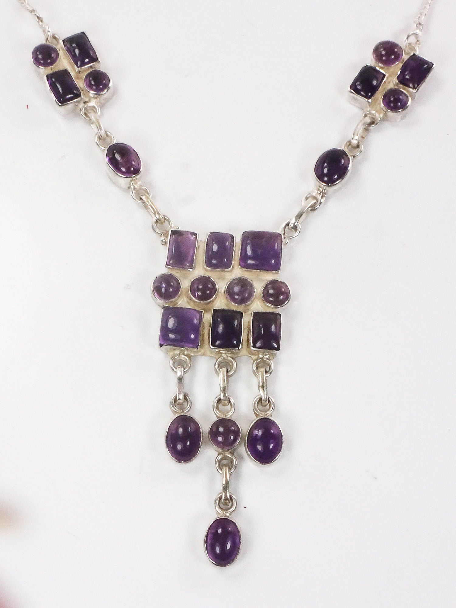 Vintage Sterling Silver Amethyst Bib Necklace: Modernist Dangle Design