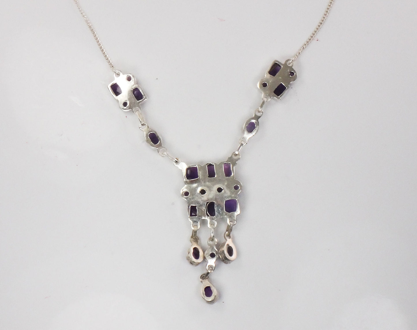 Vintage Sterling Silver Amethyst Bib Necklace: Modernist Dangle Design