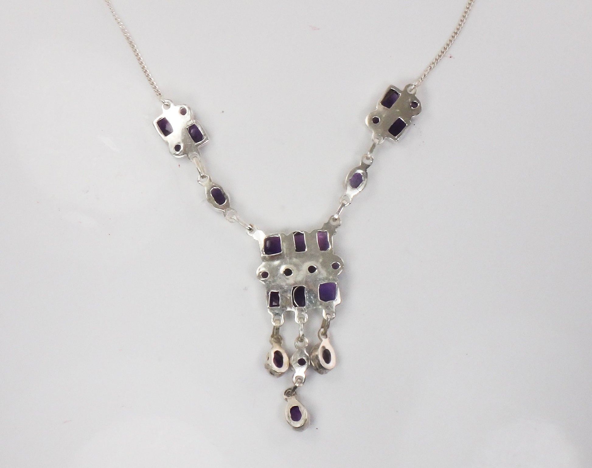 Vintage Sterling Silver Amethyst Bib Necklace: Modernist Dangle Design