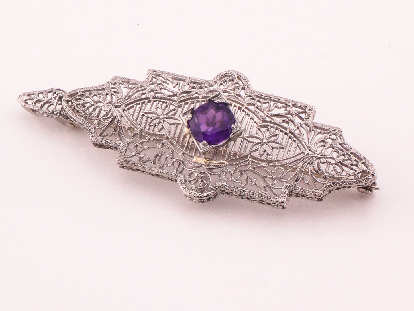 Vintage Art Deco Amethyst Pendant Pin: 14k White Gold Filigree