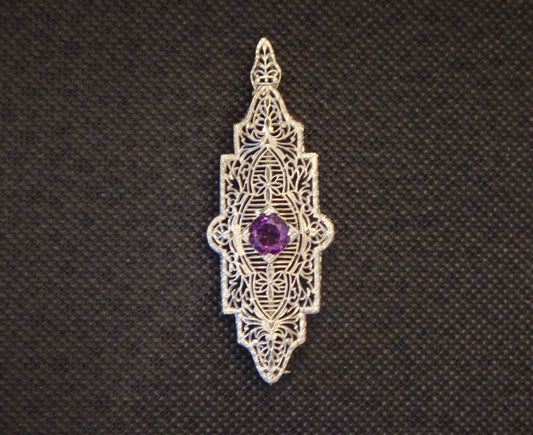 Vintage Art Deco Amethyst Pendant Pin: 14k White Gold Filigree