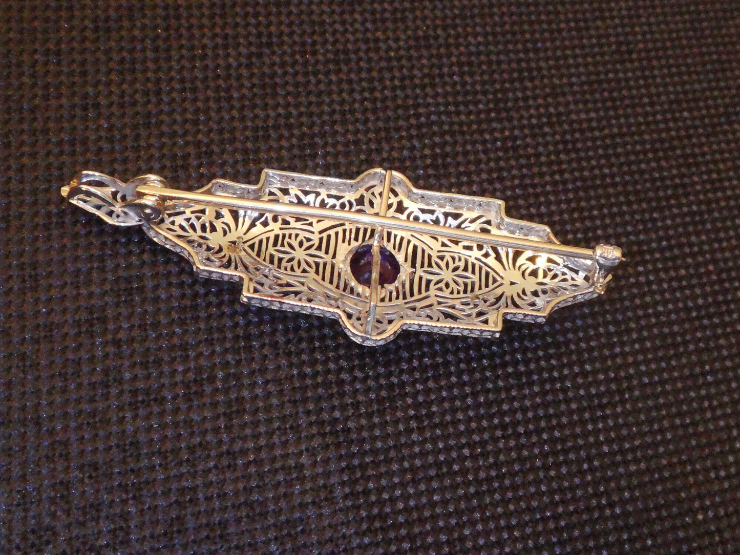 Vintage Art Deco Amethyst Pendant Pin: 14k White Gold Filigree