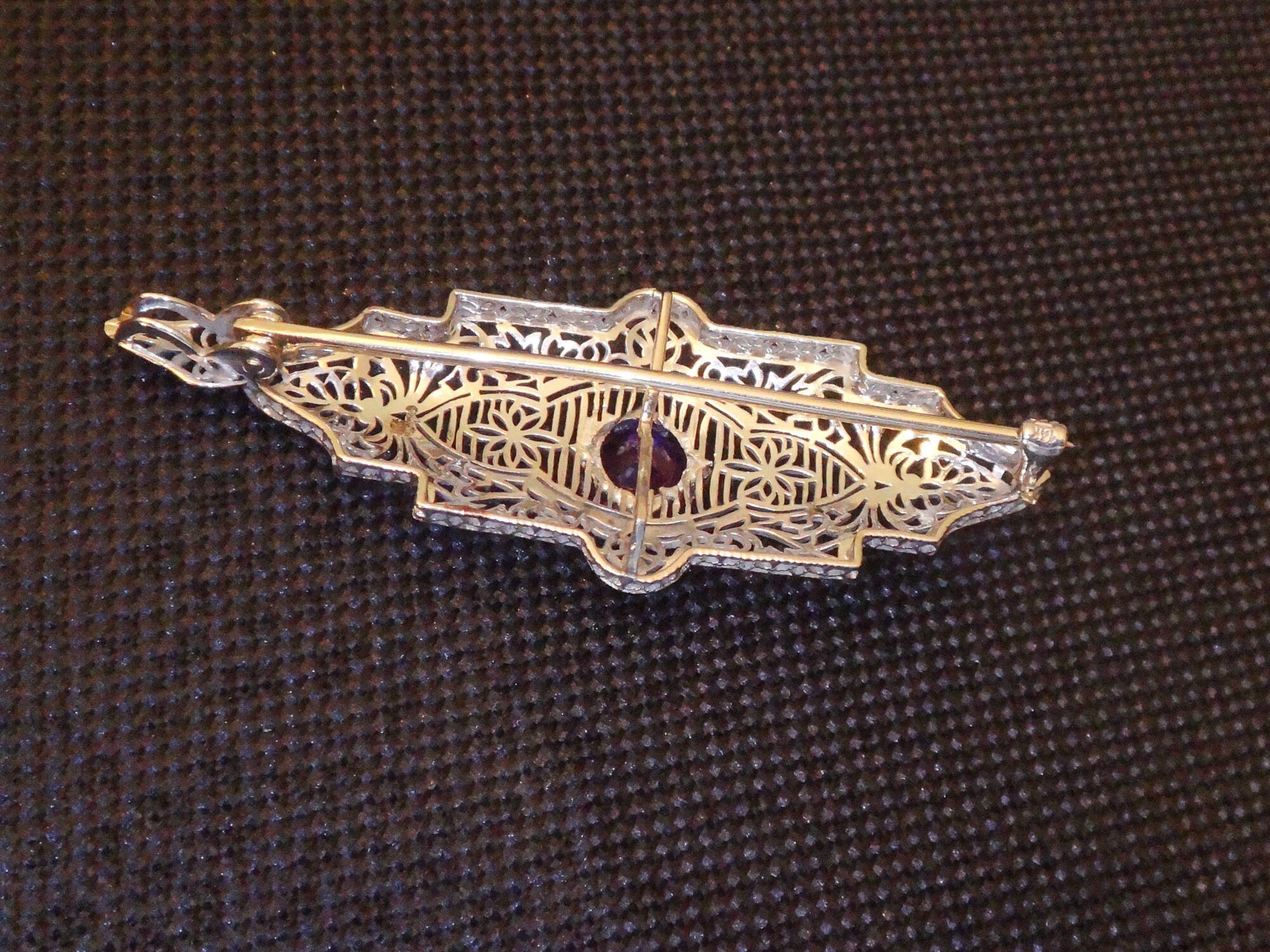 Vintage Art Deco Amethyst Pendant Pin: 14k White Gold Filigree