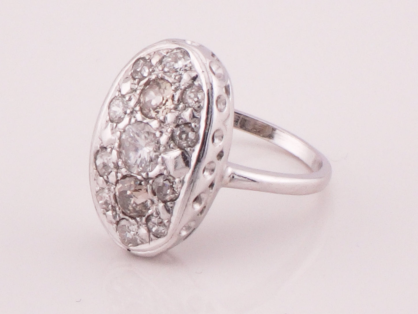 Vintage 14k White Gold Oval Shape Diamond Cluster Ring Natural Old Mine Cut and Round Brilliant Diamond Ring Approx 1.3 CT TDW
