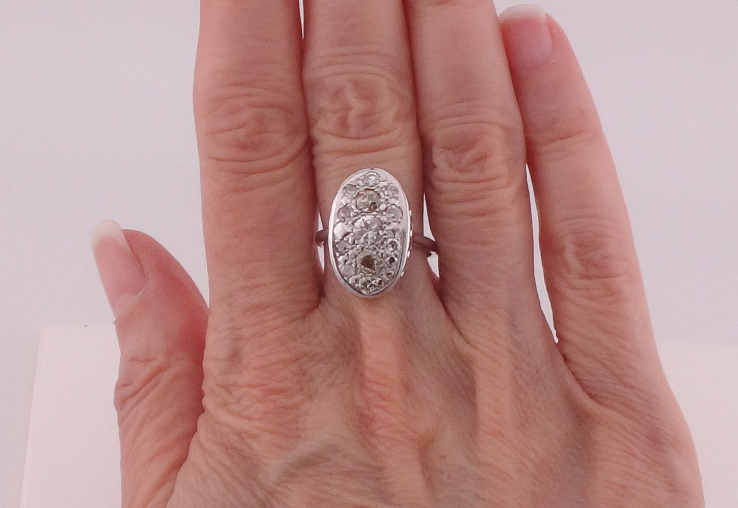 Vintage 14k White Gold Oval Shape Diamond Cluster Ring Natural Old Mine Cut and Round Brilliant Diamond Ring Approx 1.3 CT TDW
