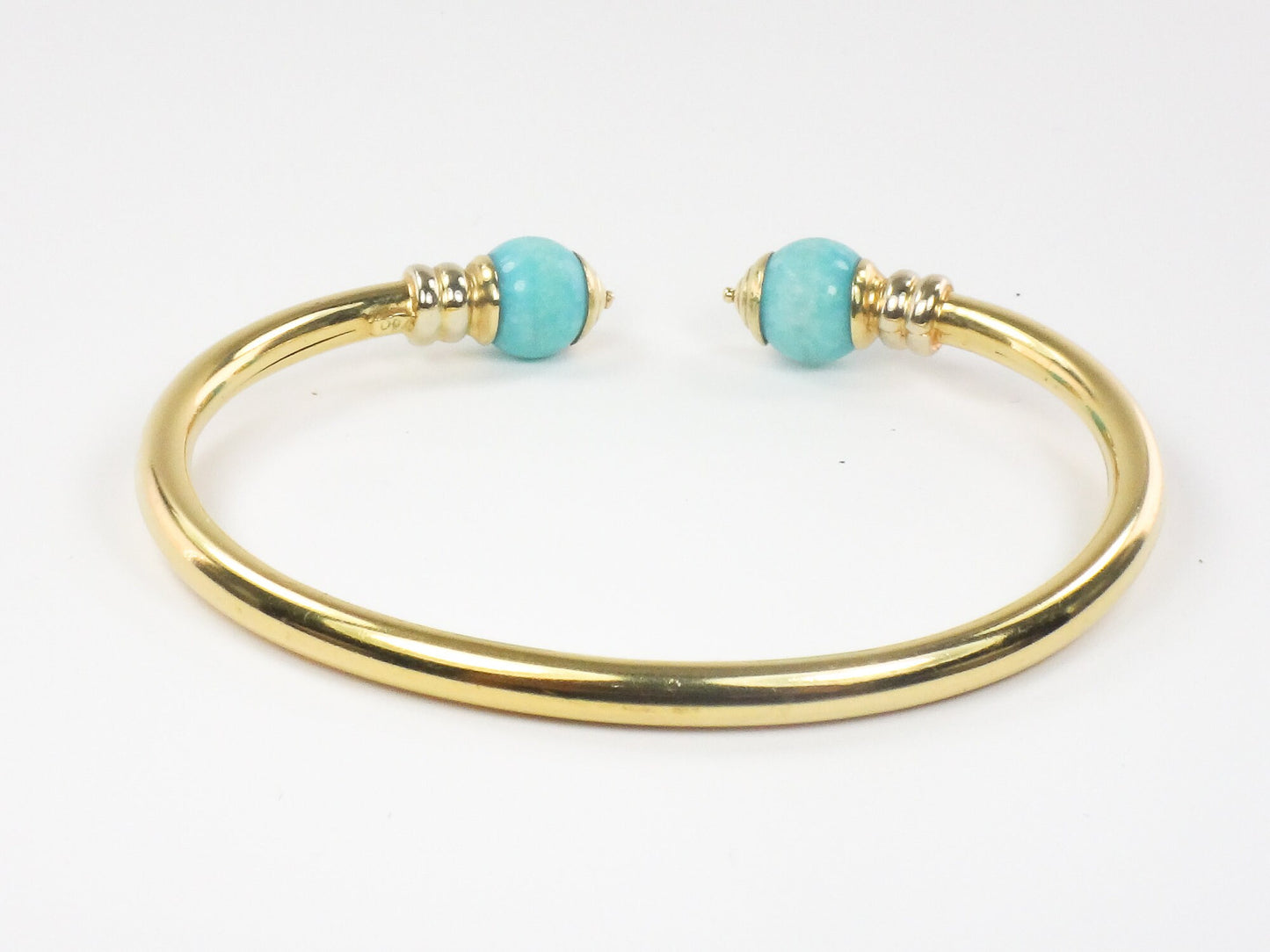Vintage 18k Yellow Gold Turquoise Bangle Bracelet with Ball Ends Cuff Bracelet
