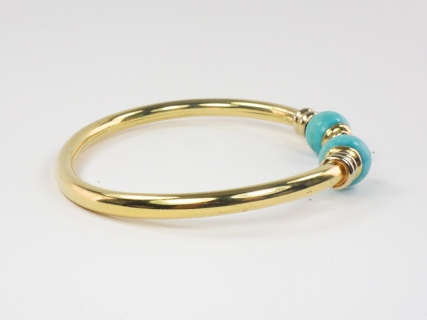 Vintage 18k Yellow Gold Turquoise Bangle Bracelet with Ball Ends Cuff Bracelet