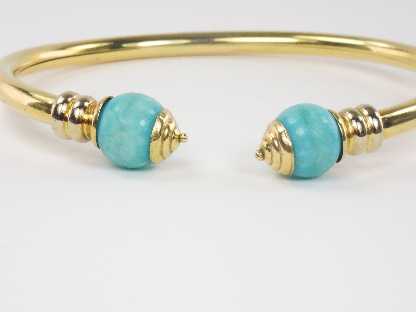 Vintage 18k Yellow Gold Turquoise Bangle Bracelet with Ball Ends Cuff Bracelet