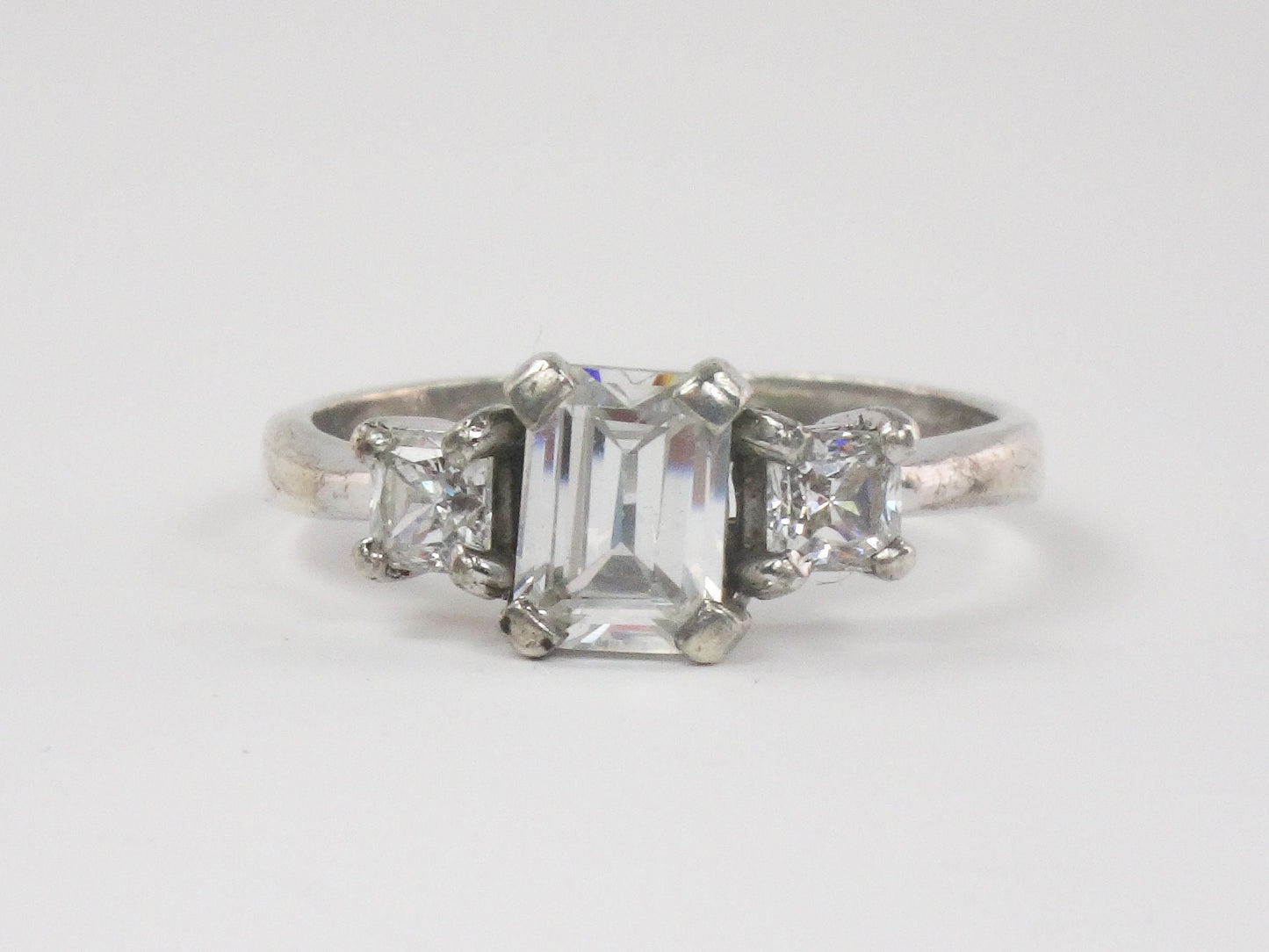 Vintage Sterling Silver Clear Stone Engagement Ring Emerald Cut and Princess Cut Size 8.5