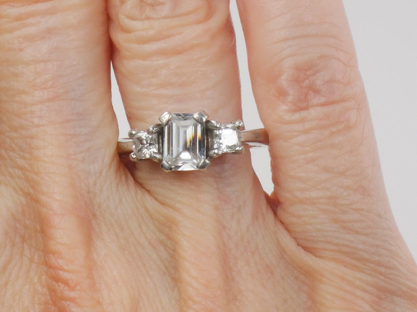 Vintage Sterling Silver Clear Stone Engagement Ring Emerald Cut and Princess Cut Size 8.5