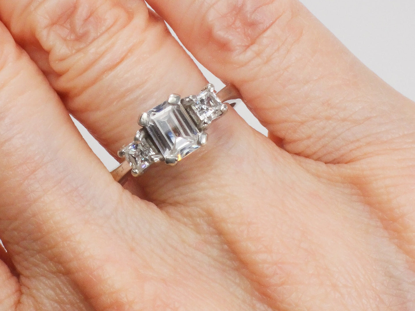 Vintage Sterling Silver Clear Stone Engagement Ring Emerald Cut and Princess Cut Size 8.5