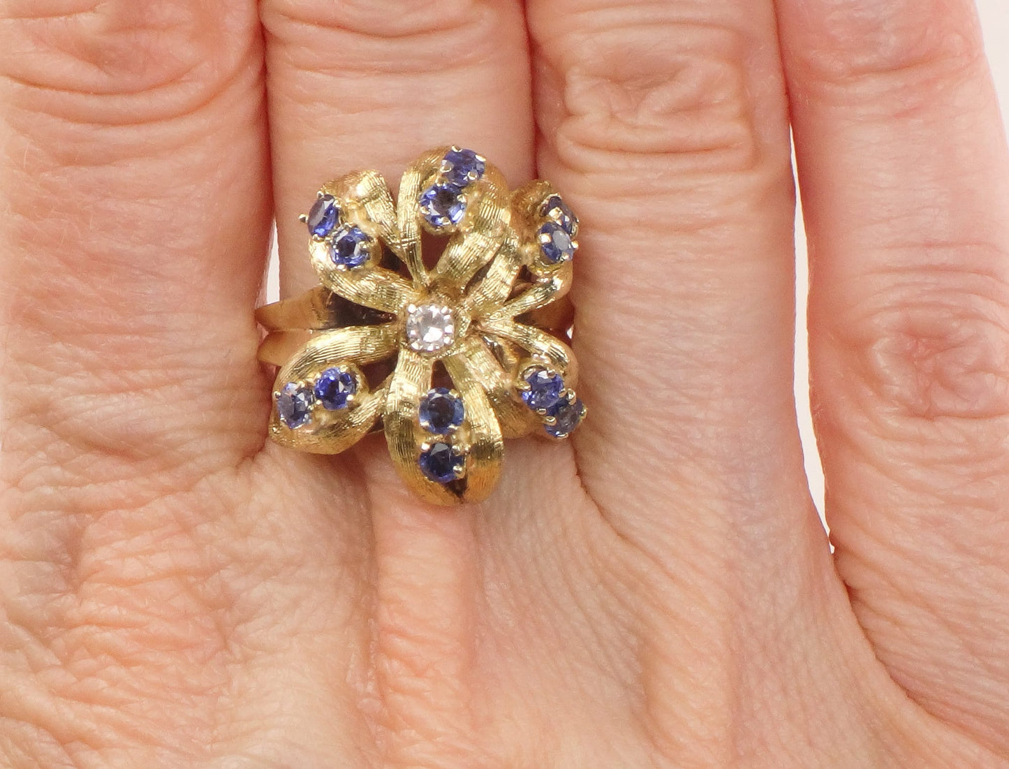 Vintage 14k Gold Sapphire Flower Ring: Diamond Center, Size 5.75