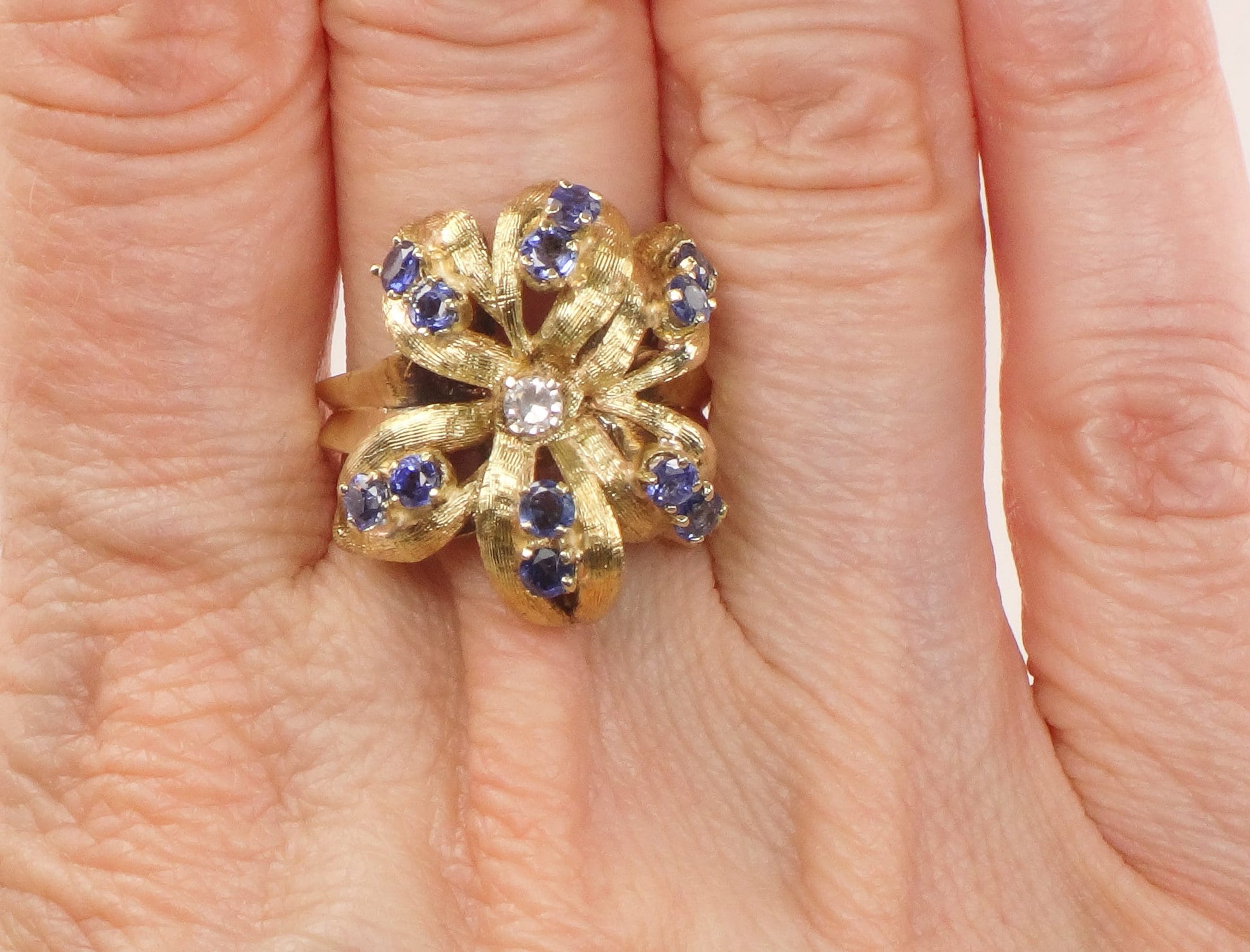 Vintage 14k Gold Sapphire Flower Ring: Diamond Center, Size 5.75