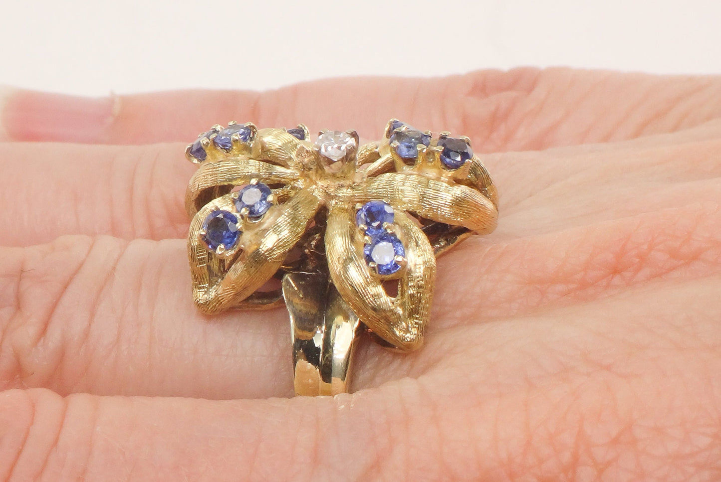 Vintage 14k Gold Natural Blue Sapphire and Diamond Ring, Large Yellow Gold Flower Ring, Size 5.75