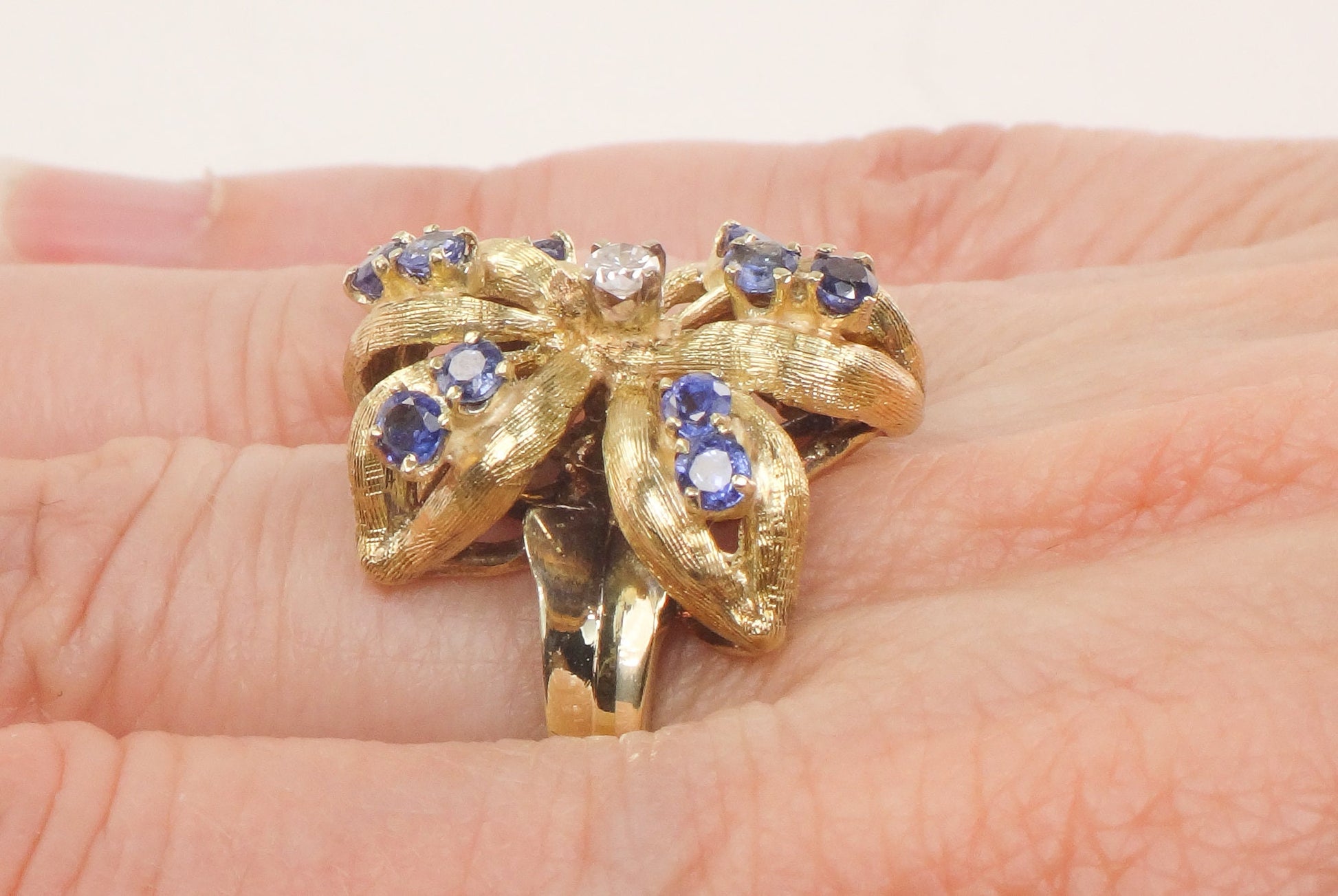 Vintage 14k Gold Sapphire Flower Ring: Diamond Center, Size 5.75