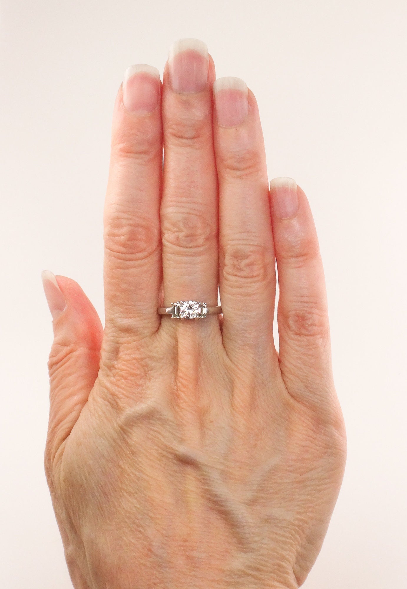 Vintage 18k White Gold Three Diamond Ring Three Stone Ring Round Natural Diamond Engagement Ring .75 CT TDW Size 7