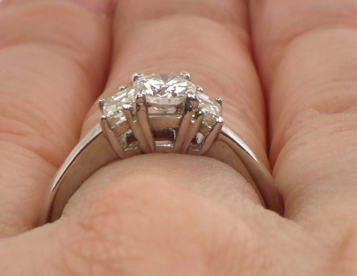 Vintage 18k White Gold Three Diamond Ring Three Stone Ring Round Natural Diamond Engagement Ring .75 CT TDW Size 7
