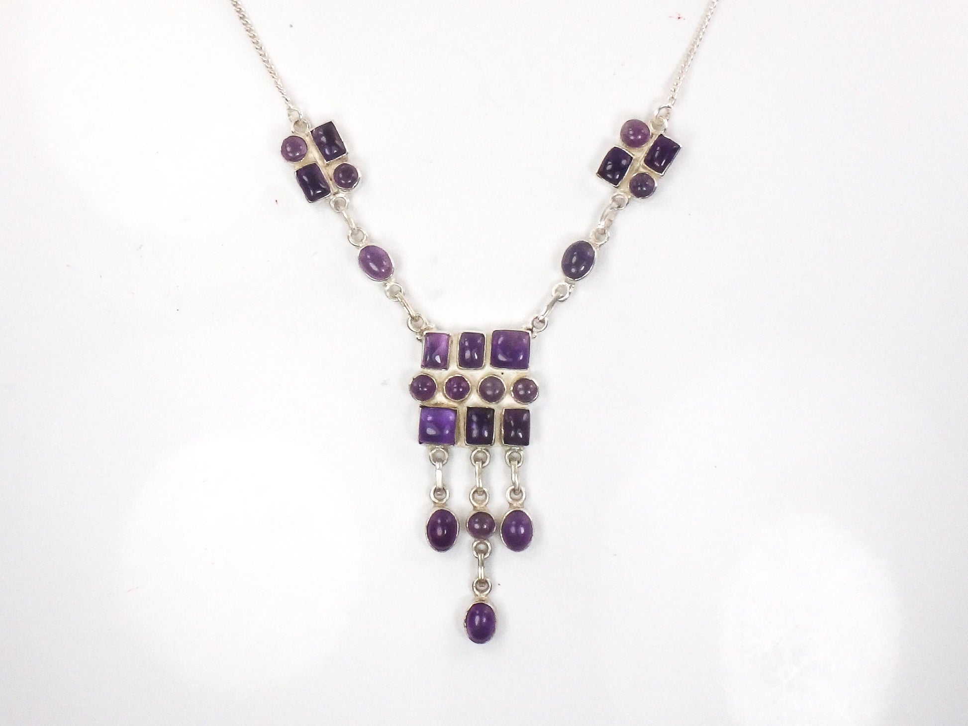Vintage Sterling Silver Amethyst Bib Necklace: Modernist Dangle Design