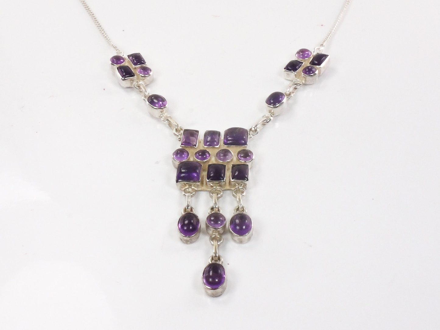 Vintage Sterling Silver Amethyst Bib Necklace: Modernist Dangle Design