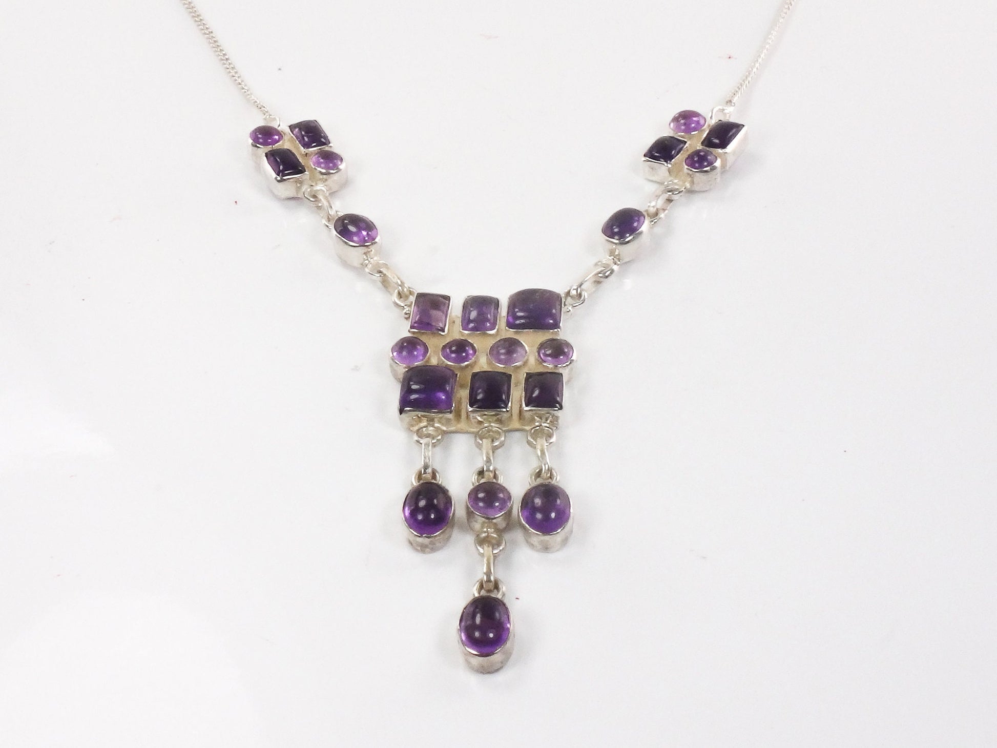 Vintage Sterling Silver Amethyst Bib Necklace: Modernist Dangle Design