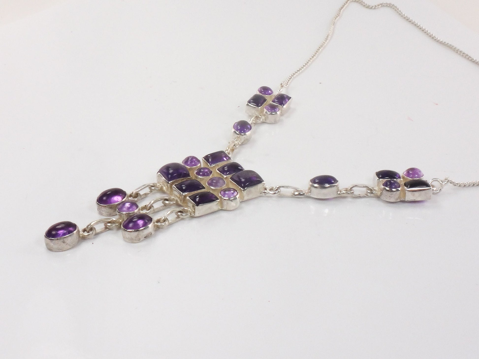 Vintage Sterling Silver Amethyst Bib Necklace: Modernist Dangle Design