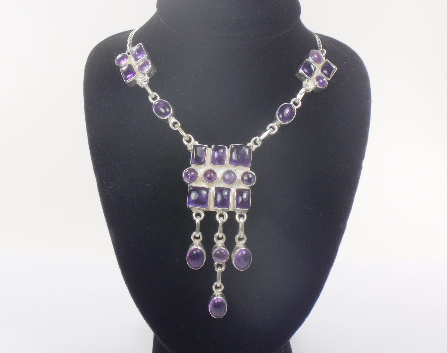 Vintage Sterling Silver Amethyst Bib Necklace: Modernist Dangle Design