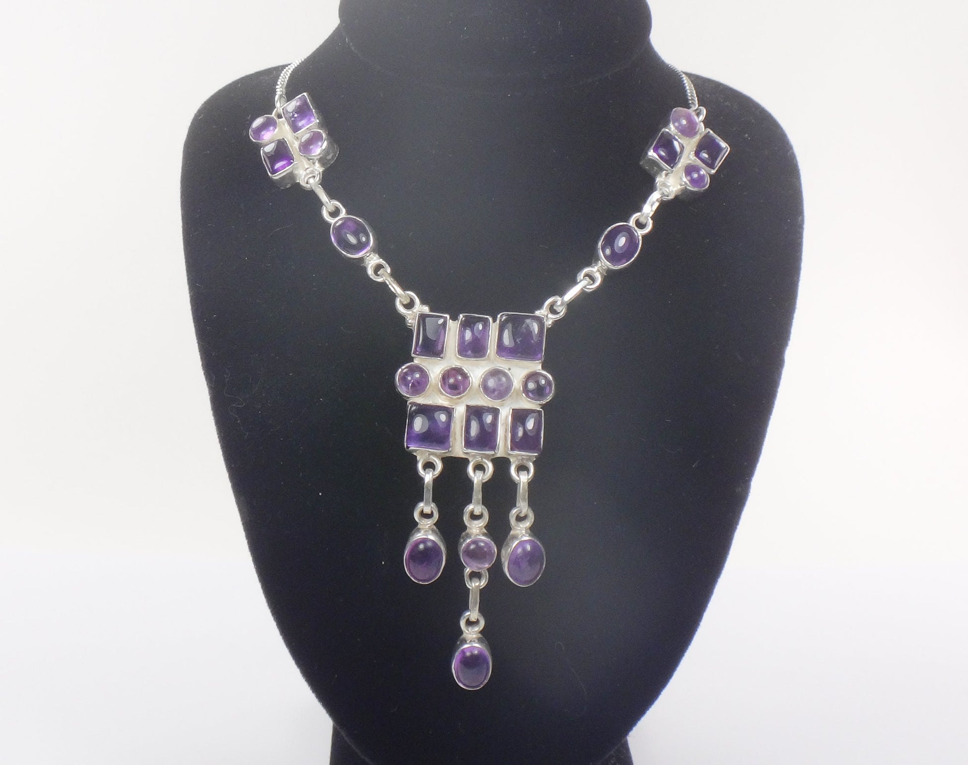 Vintage Sterling Silver Amethyst Bib Necklace: Modernist Dangle Design