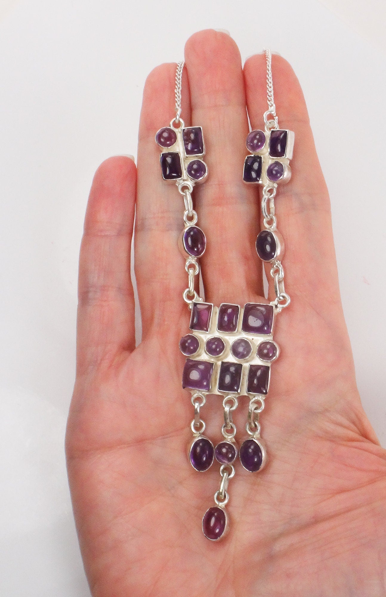 Vintage Sterling Silver Amethyst Bib Necklace: Modernist Dangle Design