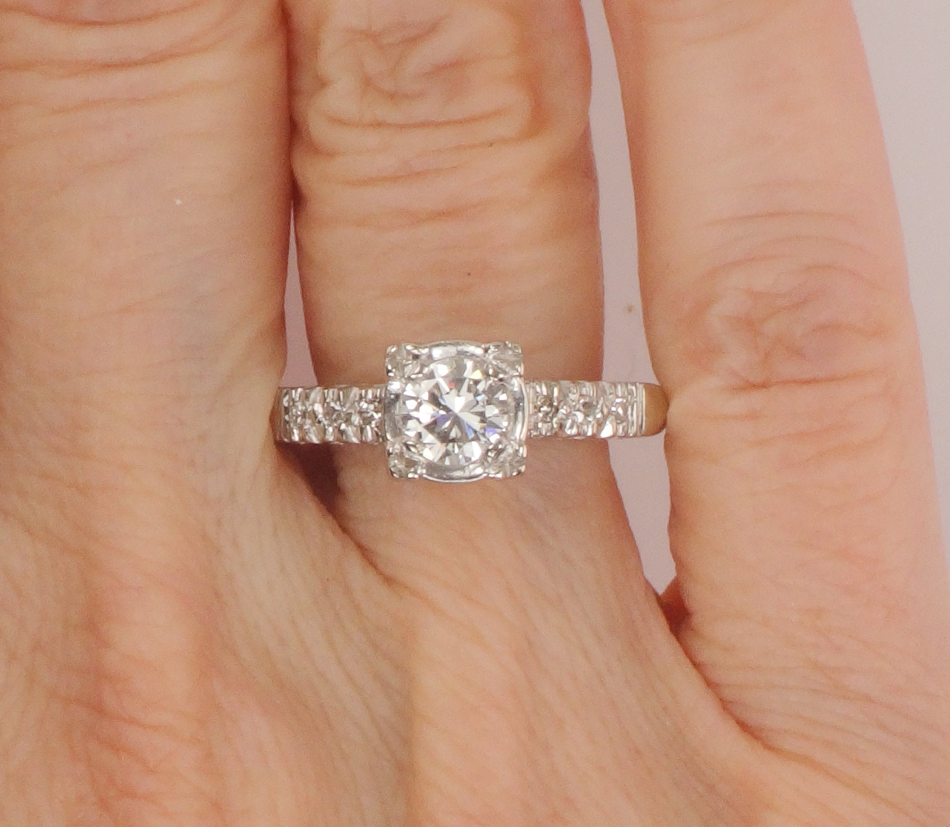Vintage 14k White Gold Natural Diamond Engagement Ring Mid-Century Engagement Ring Approx. 1/2 Carat Center Size 8.5